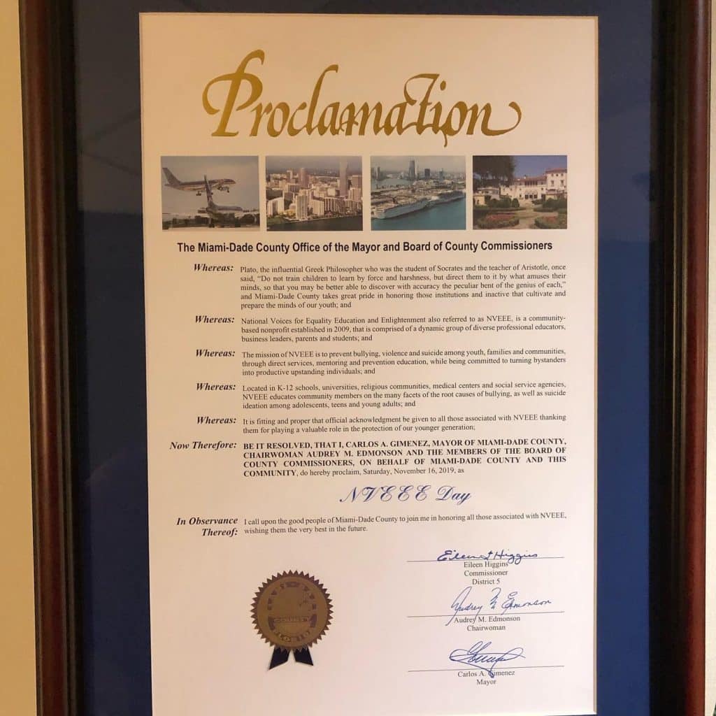 Miami-Dade County proclamation of NVEEE Day, November 16, 2019