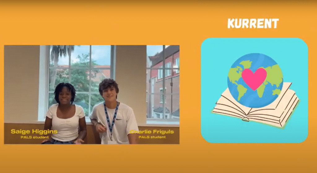 A girl talking and a boy standing beside her. An image of their app's icon is next to them.
